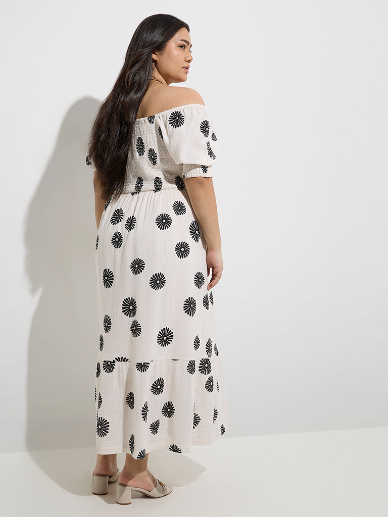 Westside Gia Women's Off-White Floral Pattern Cotton A-Line Dress for Casual Wear Back View