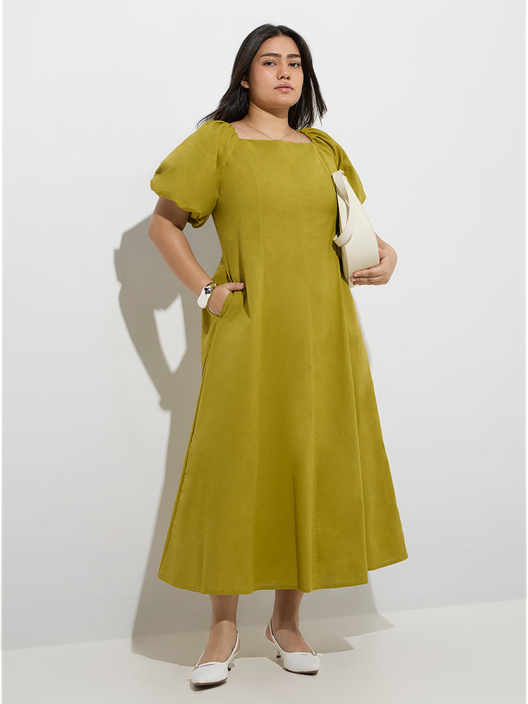 Westside Gia Women's Green Solid Cotton-Blend A-Line Dress for Casual Wear Front View