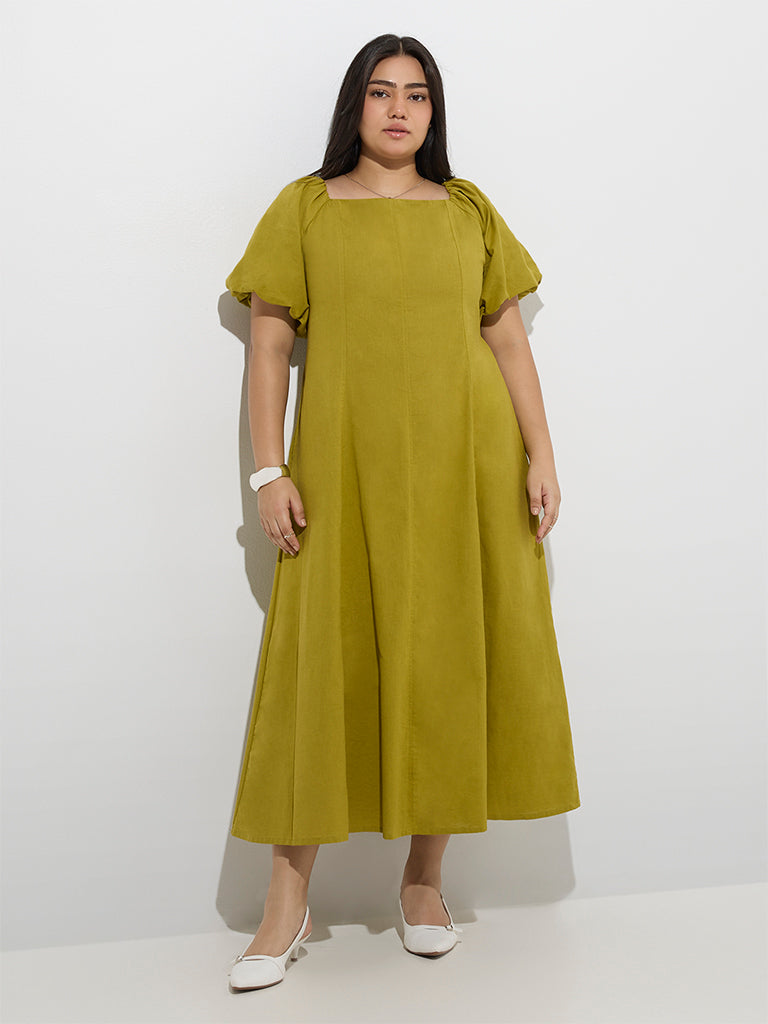 Westside Gia Women's Green Solid Cotton-Blend A-Line Dress for Casual Wear Full Model View