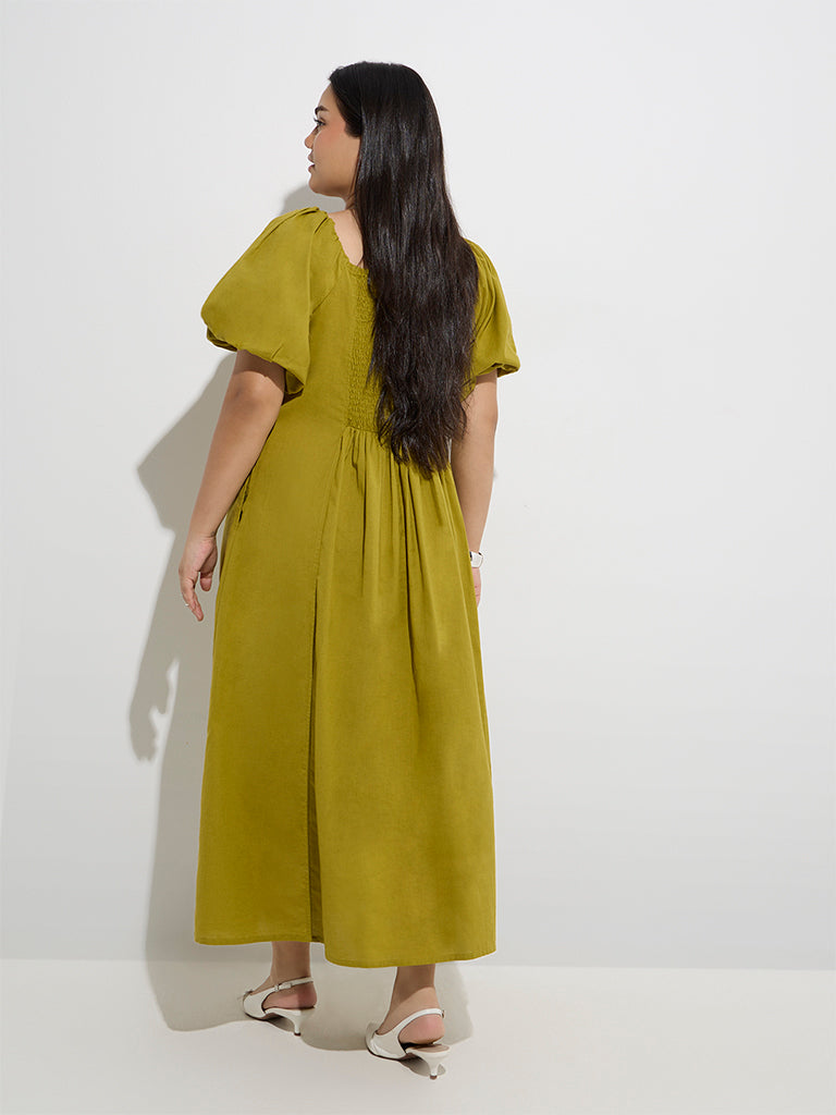 Westside Gia Women's Green Solid Cotton-Blend A-Line Dress for Casual Wear Back View