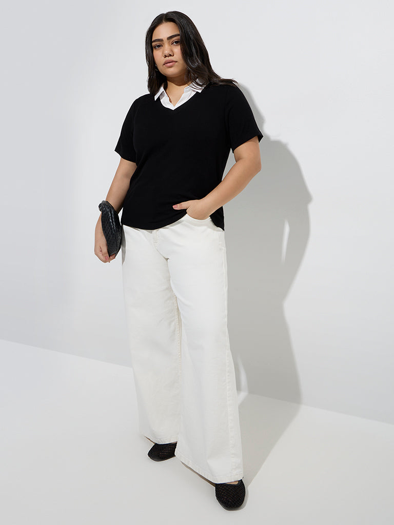 Westside Gia Women's Black Ribbed-Textured T-Shirt for Casual Wear Full Model View