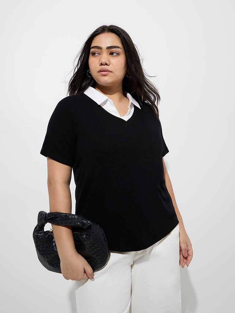 Westside Gia Women's Black Ribbed-Textured T-Shirt for Casual Wear Front View