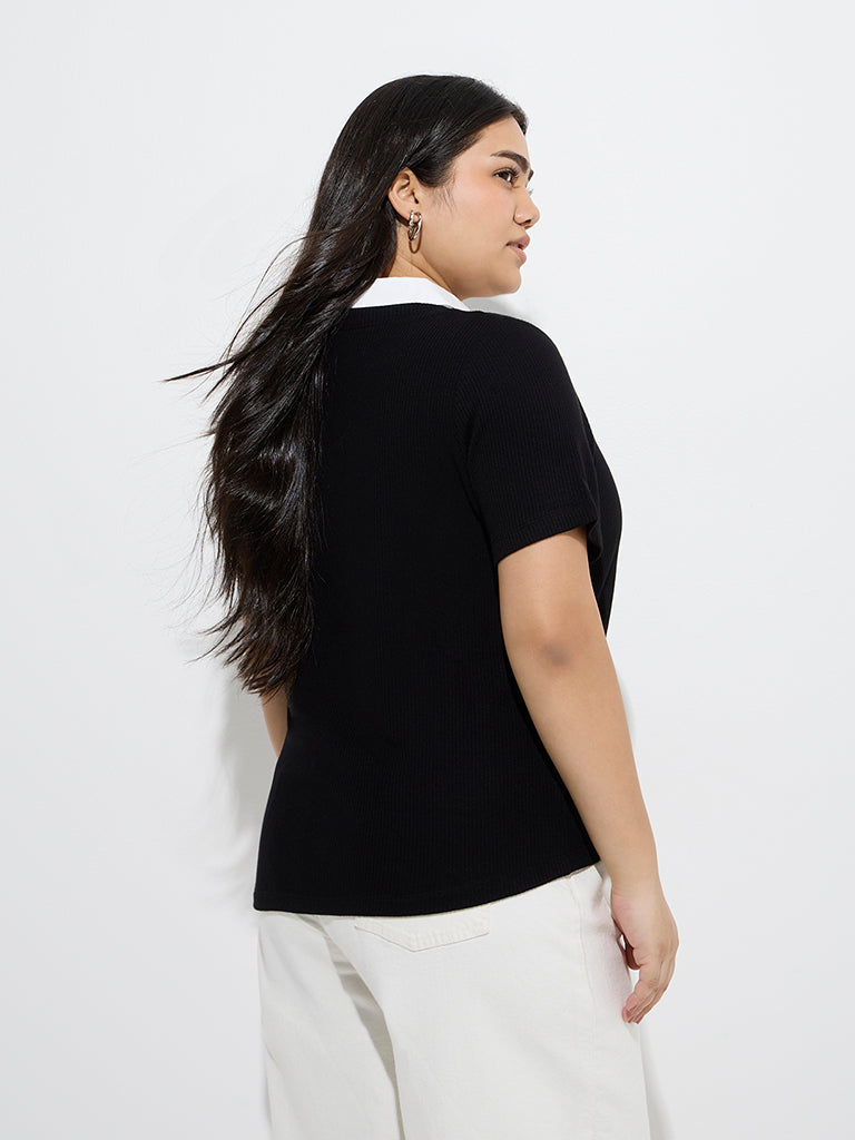 Westside Gia Women's Black Ribbed-Textured T-Shirt for Casual Wear Back View