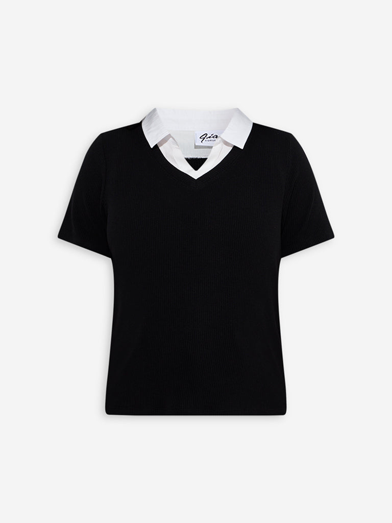 Westside Gia Women's Black Ribbed-Textured T-Shirt for Casual Wear Front View
