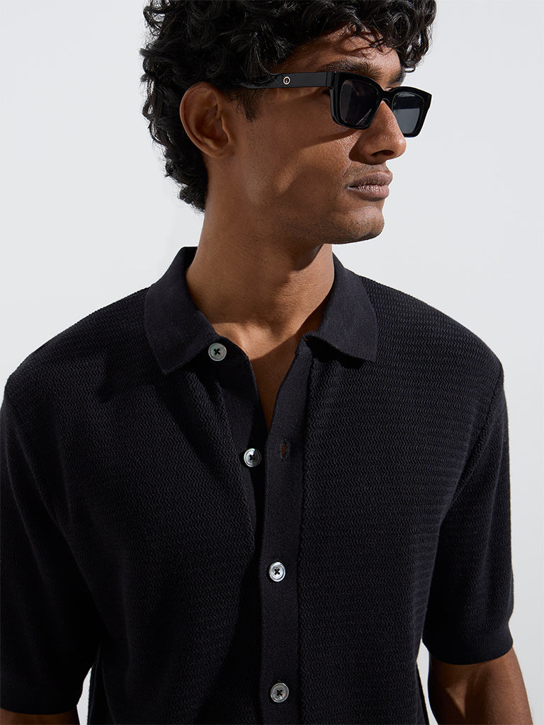 Ascot Black Knit-Textured Relaxed-Fit Cotton-Blend Shirt