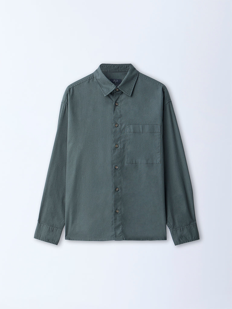 Westside WES Casuals Men's Dark Green Solid Relaxed-Fit Cotton Shirt for Casual Wear Flatly