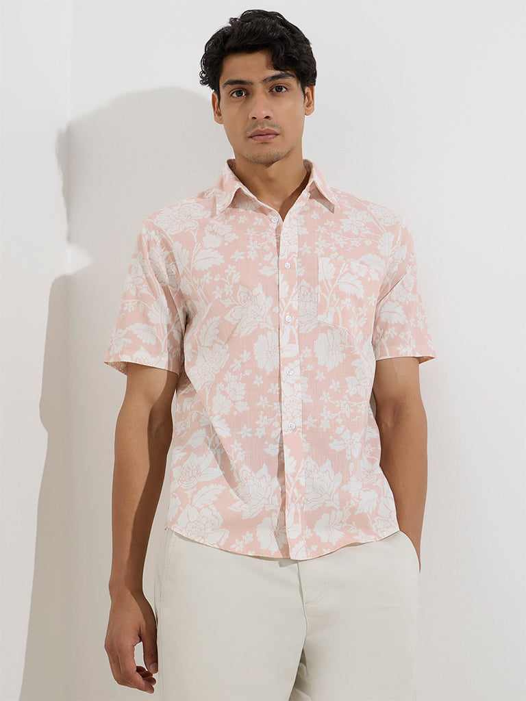 Westside WES Casuals Men's Pink Floral Design Relaxed-Fit Cotton Shirt for Casual Wear Front View