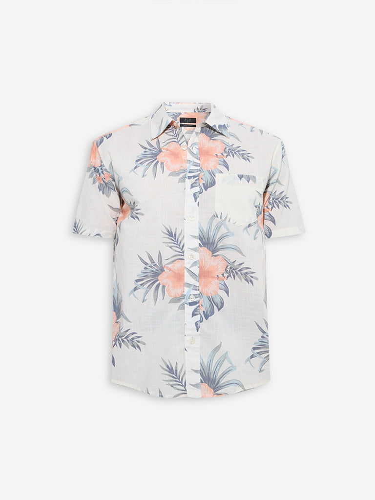Westside WES Casuals Men's White Floral Detailed Relaxed-Fit Cotton Shirt for Casual Wear Flatly