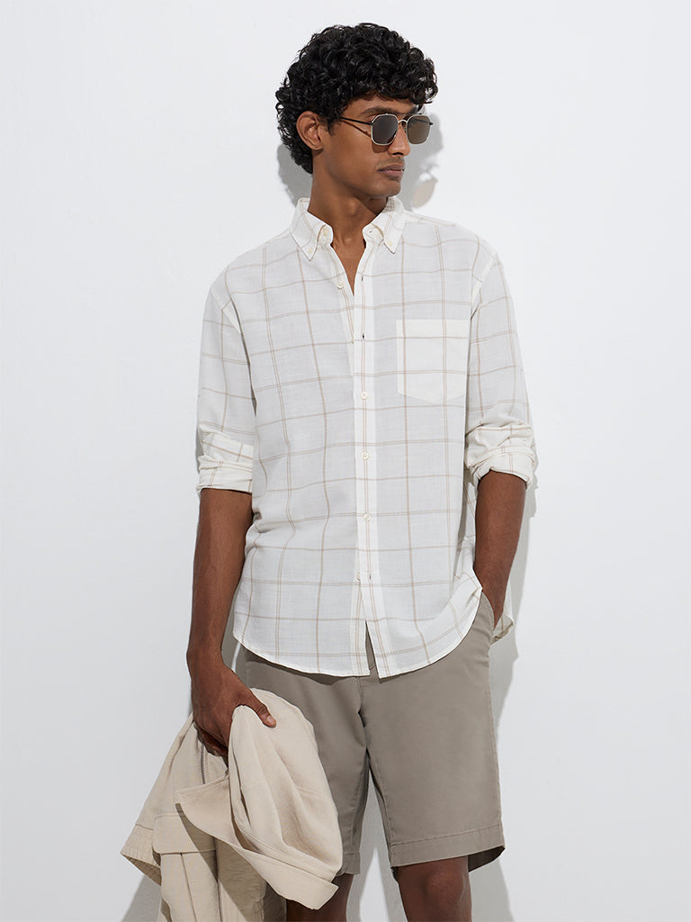 Westside WES Casuals Men's Beige Checks Relaxed-Fit Cotton-Blend Shirt for Casual Wear Front View