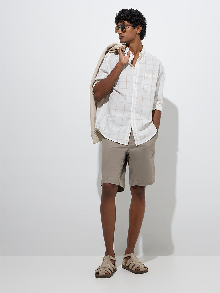 Westside WES Casuals Men's Beige Checks Relaxed-Fit Cotton-Blend Shirt for Casual Wear Full Model View