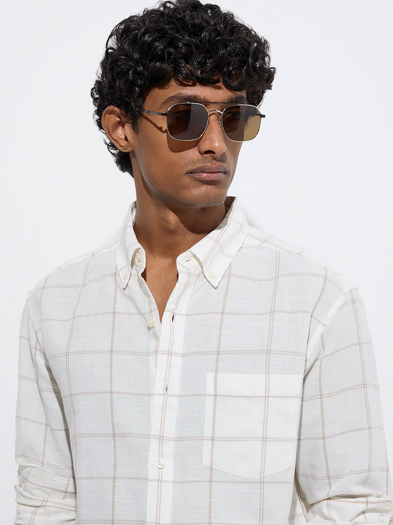 Westside WES Casuals Men's Beige Checks Relaxed-Fit Cotton-Blend Shirt for Casual Wear Zoom View