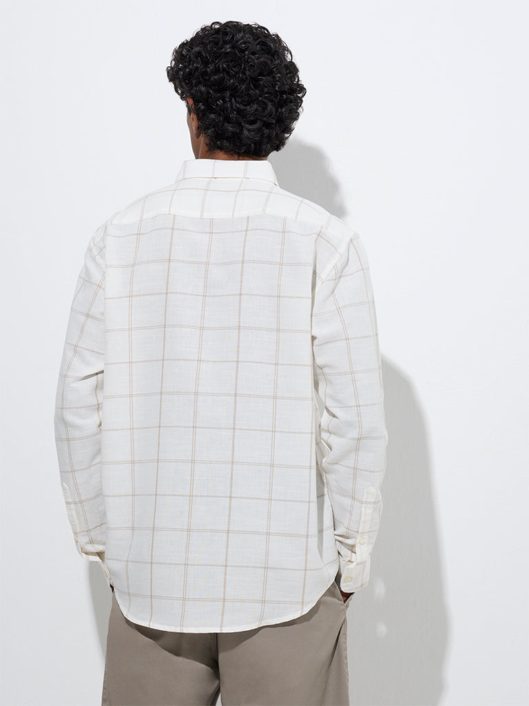 Westside WES Casuals Men's Beige Checks Relaxed-Fit Cotton-Blend Shirt for Casual Wear Back View