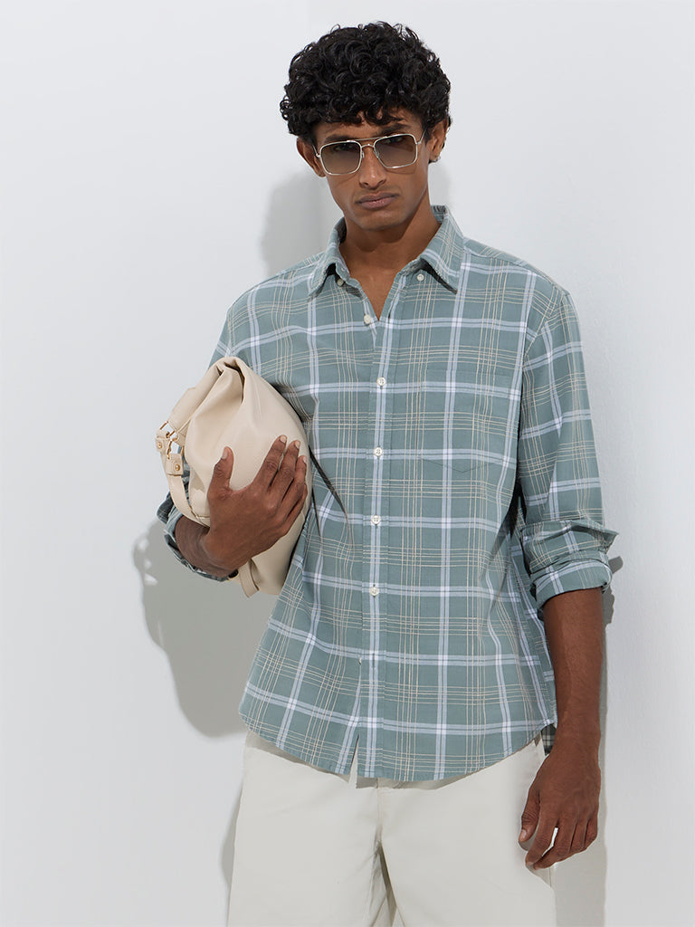Westside WES Casuals Men's Sage Checks Design Relaxed-Fit Cotton Shirt for Casual Wear Front View