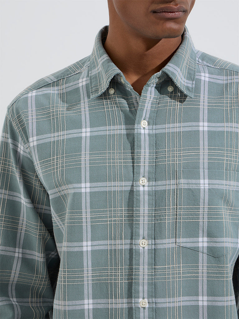 Westside WES Casuals Men's Sage Checks Design Relaxed-Fit Cotton Shirt for Casual Wear Zoomed View