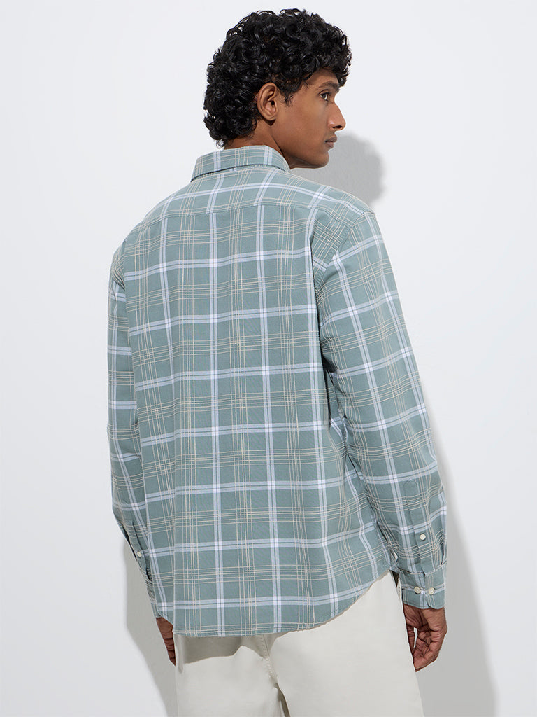 Westside WES Casuals Men's Sage Checks Design Relaxed-Fit Cotton Shirt for Casual Wear Back View