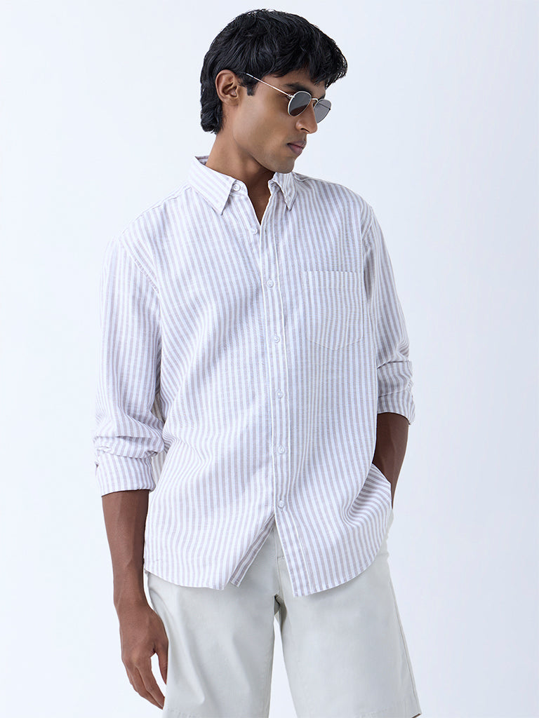 Westside WES Casuals Men's Taupe Stripe Pattern Relaxed-Fit Cotton-Blend Shirt for Casual Wear Front View