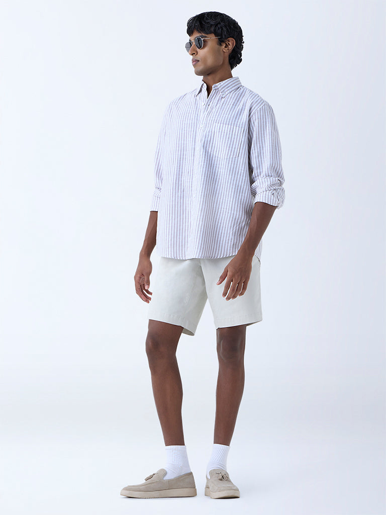 Westside WES Casuals Men's Taupe Stripe Pattern Relaxed-Fit Cotton-Blend Shirt for Casual Wear Full View