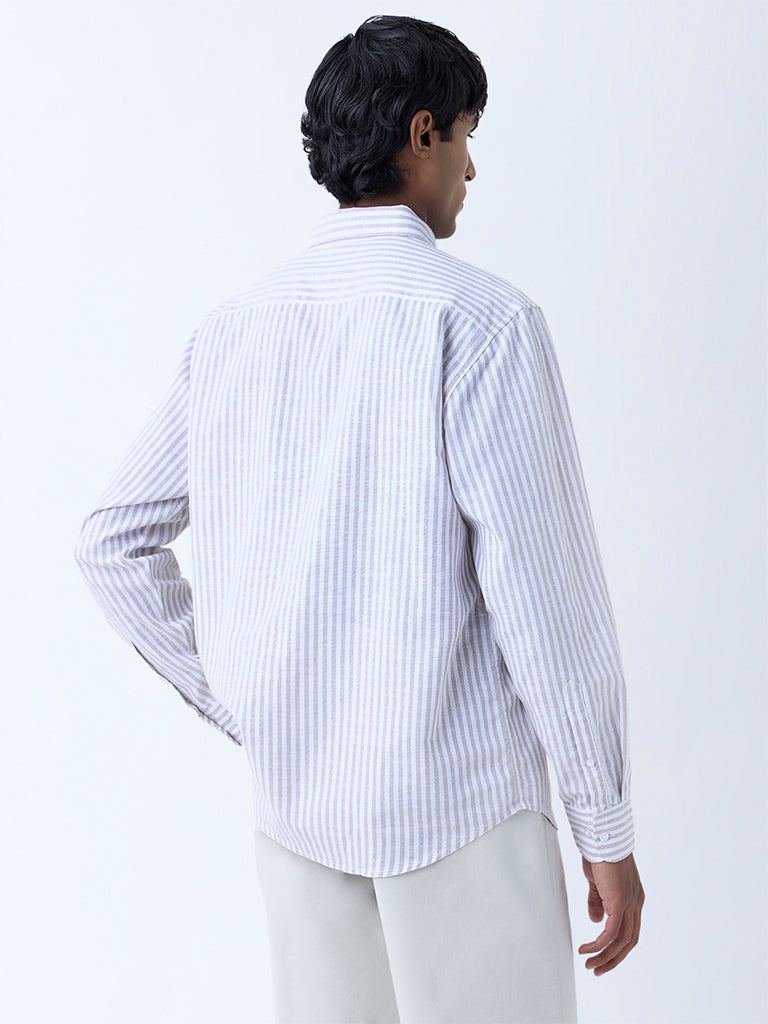 Westside WES Casuals Men's Taupe Stripe Pattern Relaxed-Fit Cotton-Blend Shirt for Casual Wear Back View