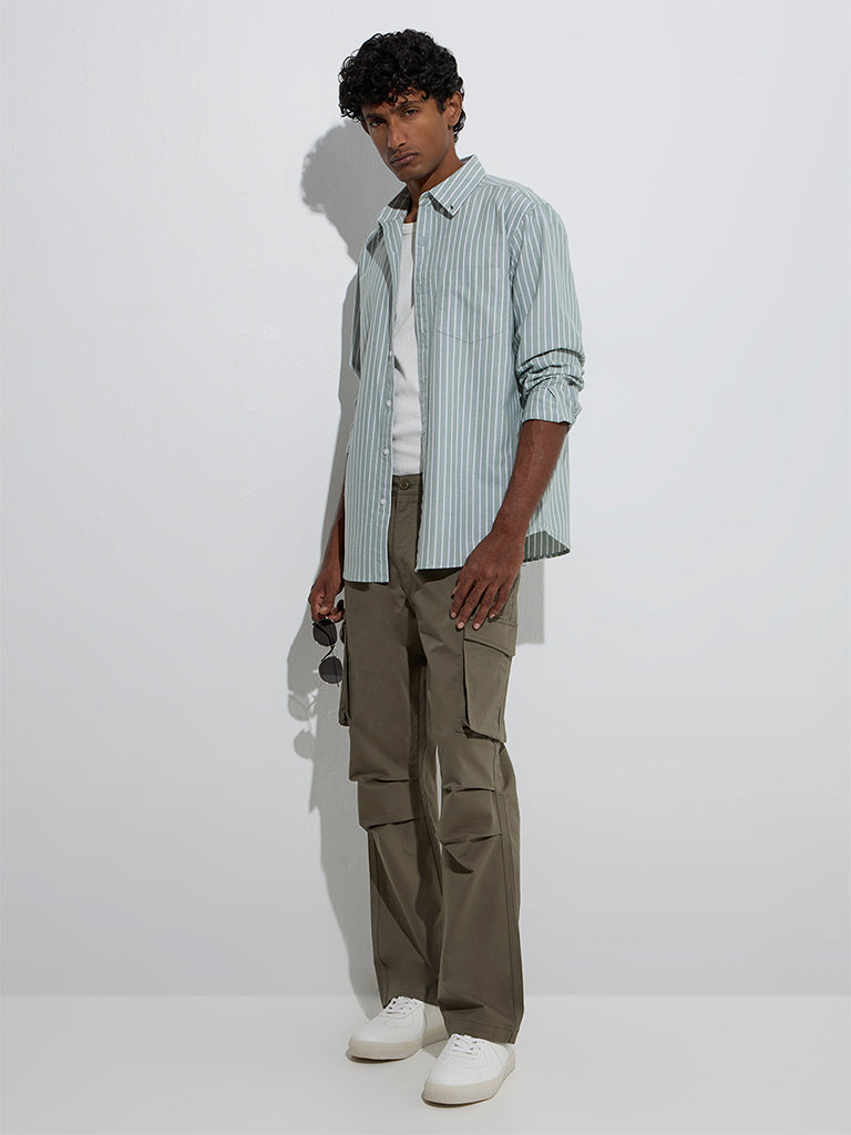 WES Casuals Sage Striped Relaxed-Fit Cotton Shirt