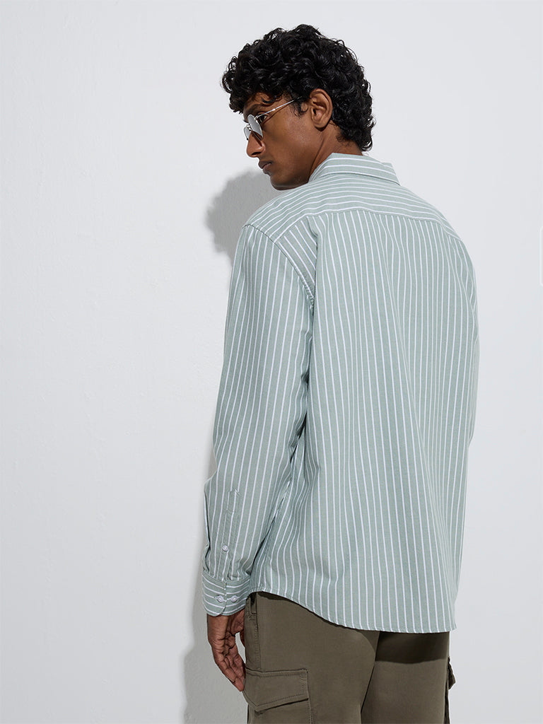 Westside WES Casuals Men's Sage Striped Relaxed-Fit Cotton Shirt for Casual Wear Back View