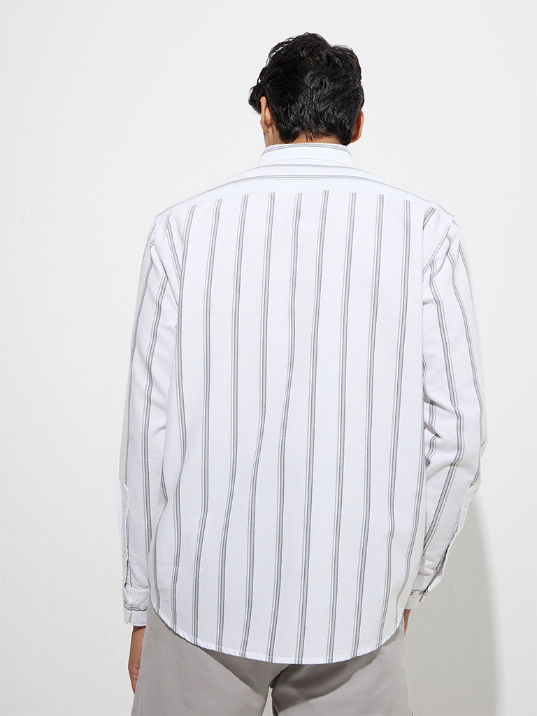 Westside WES Casuals Men's White Stripe Pattern Relaxed-Fit Cotton Shirt for Casual Wear Back View