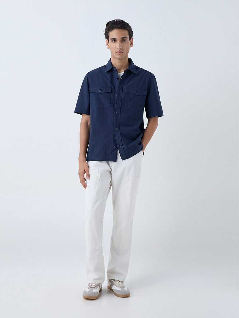 WES Casuals Navy Solid Relaxed-Fit Cotton-Blend Shirt