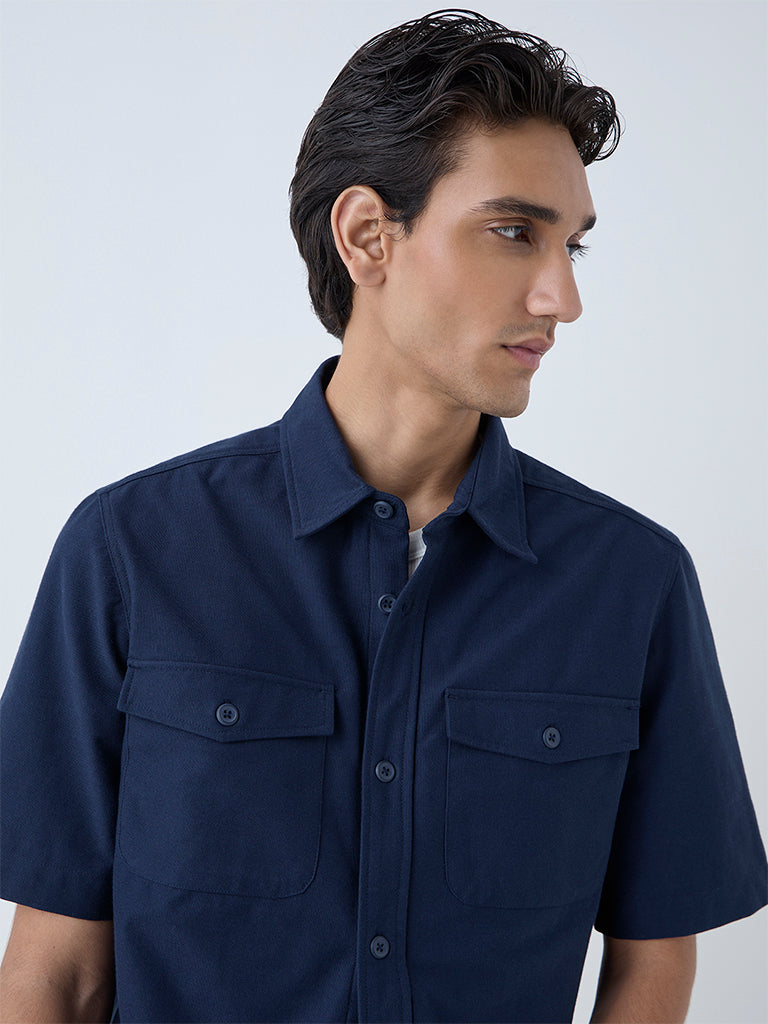 WES Casuals Navy Solid Relaxed-Fit Cotton-Blend Shirt