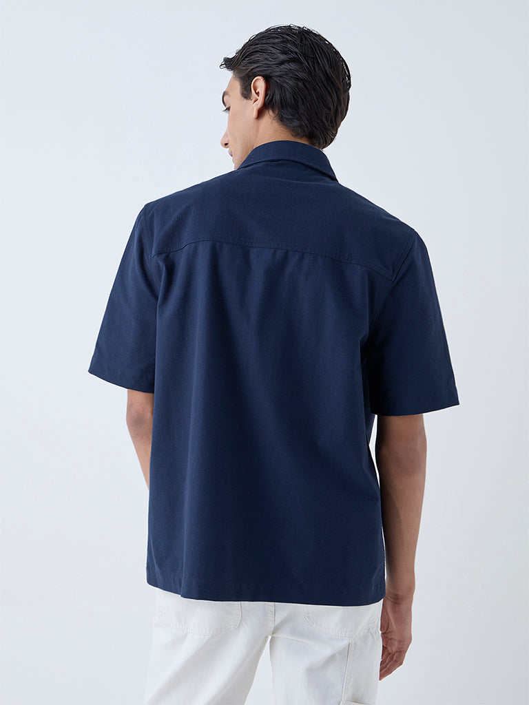 WES Casuals Navy Solid Relaxed-Fit Cotton-Blend Shirt