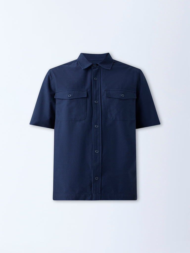 WES Casuals Navy Solid Relaxed-Fit Cotton-Blend Shirt