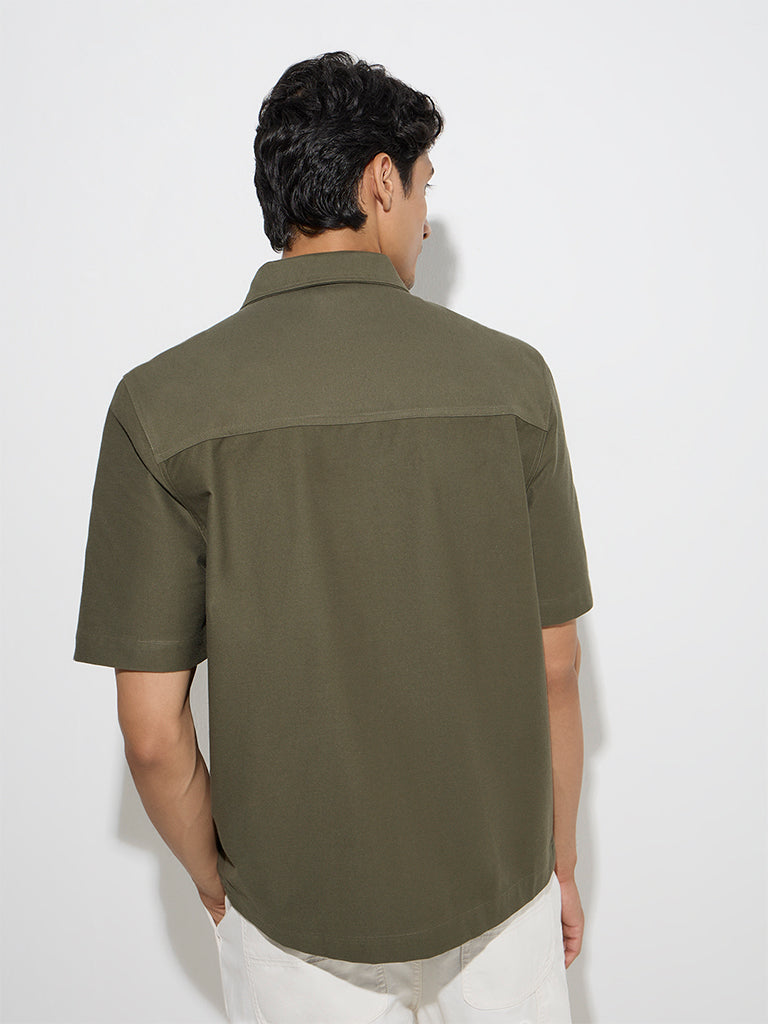 Westside WES Casuals Men's Olive Solid Relaxed-Fit Cotton-Blend Shirt for Casual Wear Back View