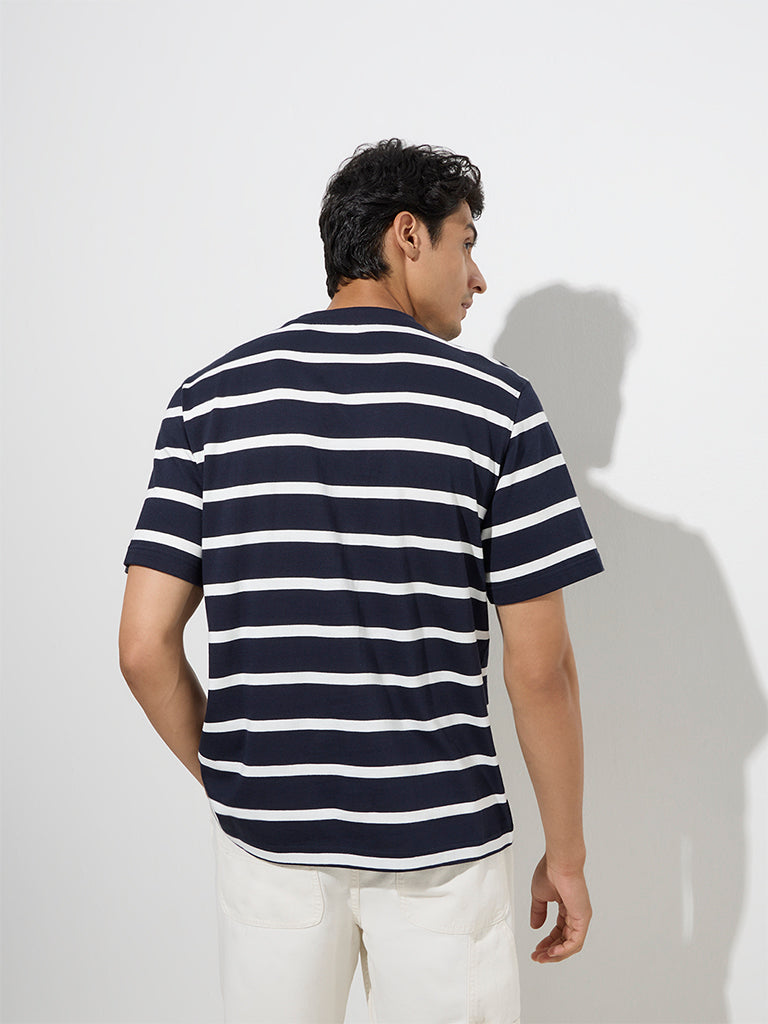 Westside WES Casuals Men's Navy Striped Relaxed-Fit Cotton T-Shirt for Casual Wear Back View