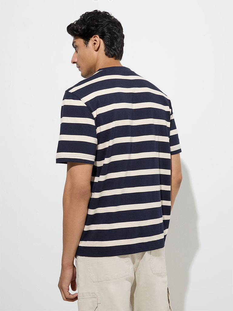 Westside WES Casuals Men's Navy Stripe Pattern Relaxed-Fit Cotton T-Shirt for Casual Wear Back View