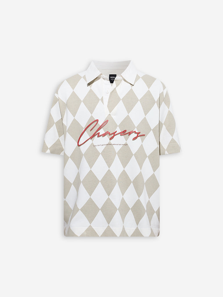 Nuon Taupe Diamond Checkered Relaxed-Fit Cotton-Blend Polo T-Shirt