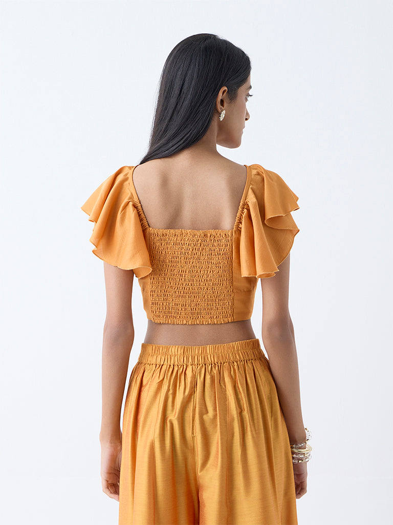 Westside Vark Women's Mustard Ruched Detailed Embellished Ethnic Top for Festive Wear Back View