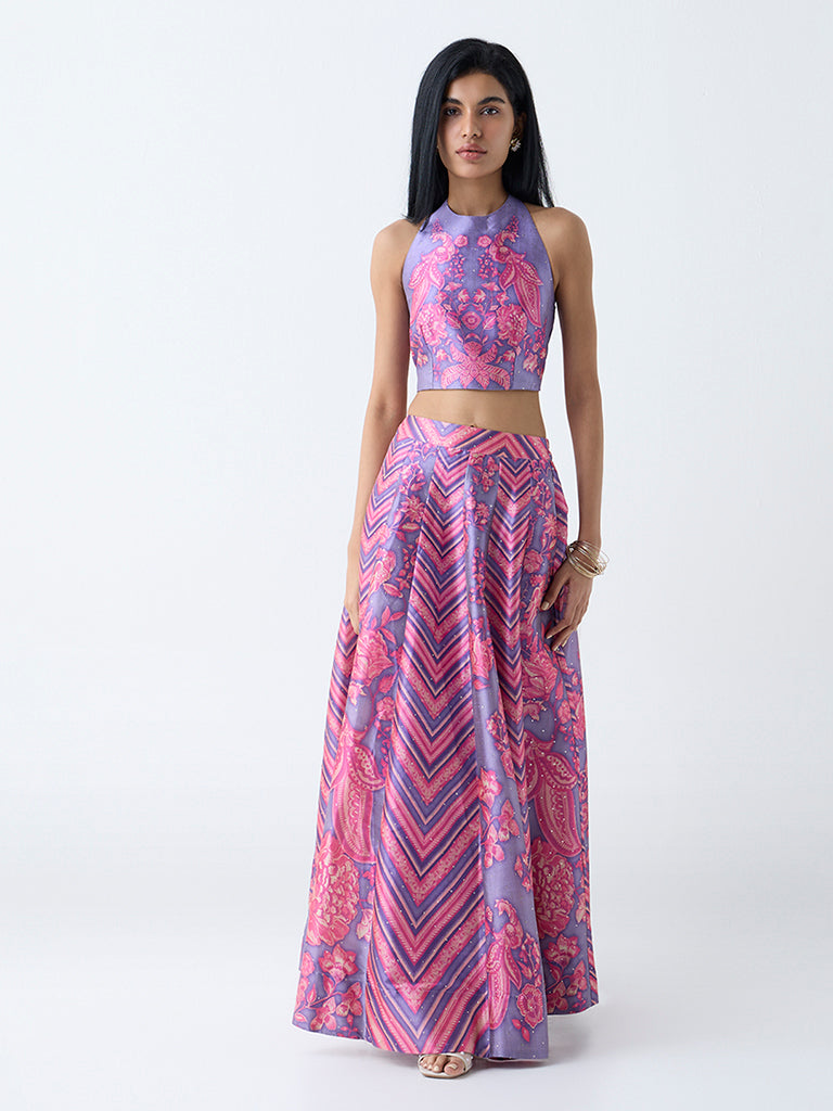 Vark Purple Botanical Printed Halter-Neck Ethnic Top