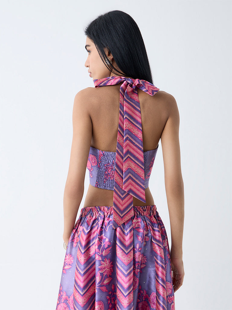 Vark Purple Botanical Printed Halter-Neck Ethnic Top