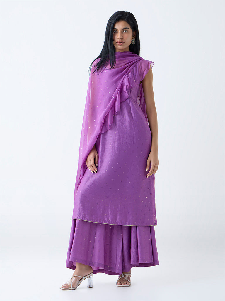 Vark Purple Diamante Embellished A-Line Ethnic Set