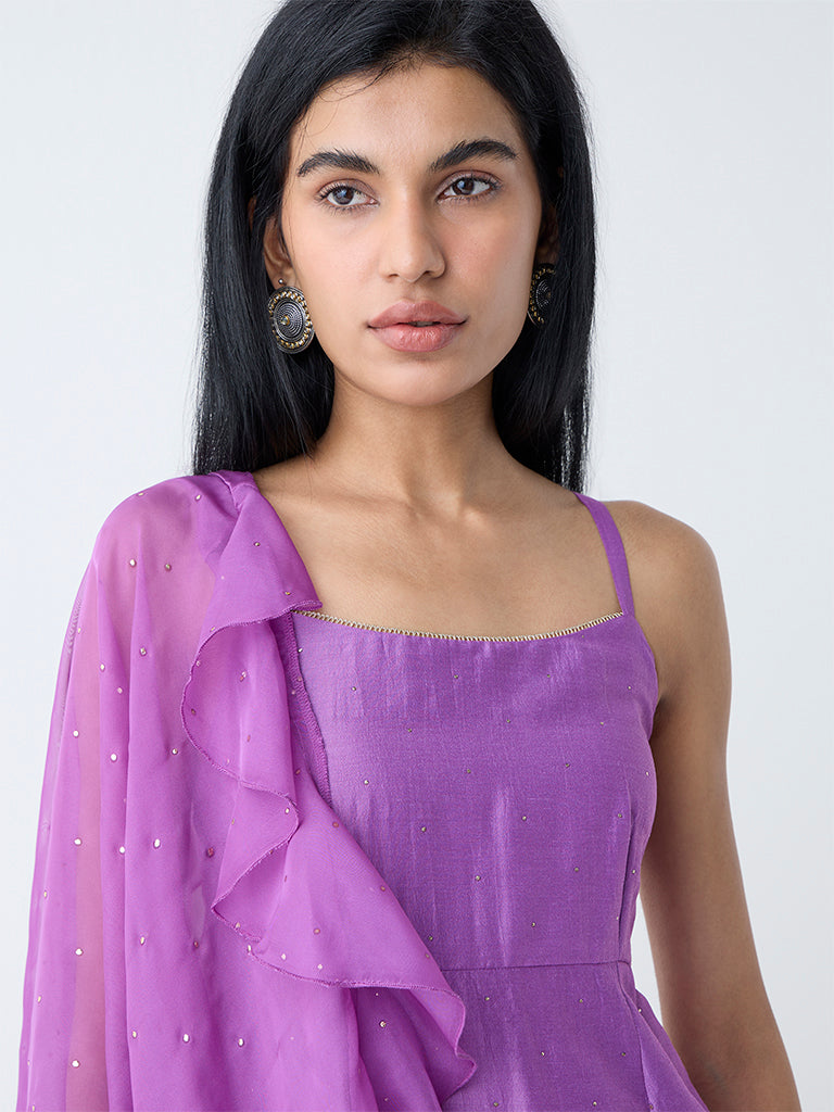 Vark Purple Diamante Embellished A-Line Ethnic Set