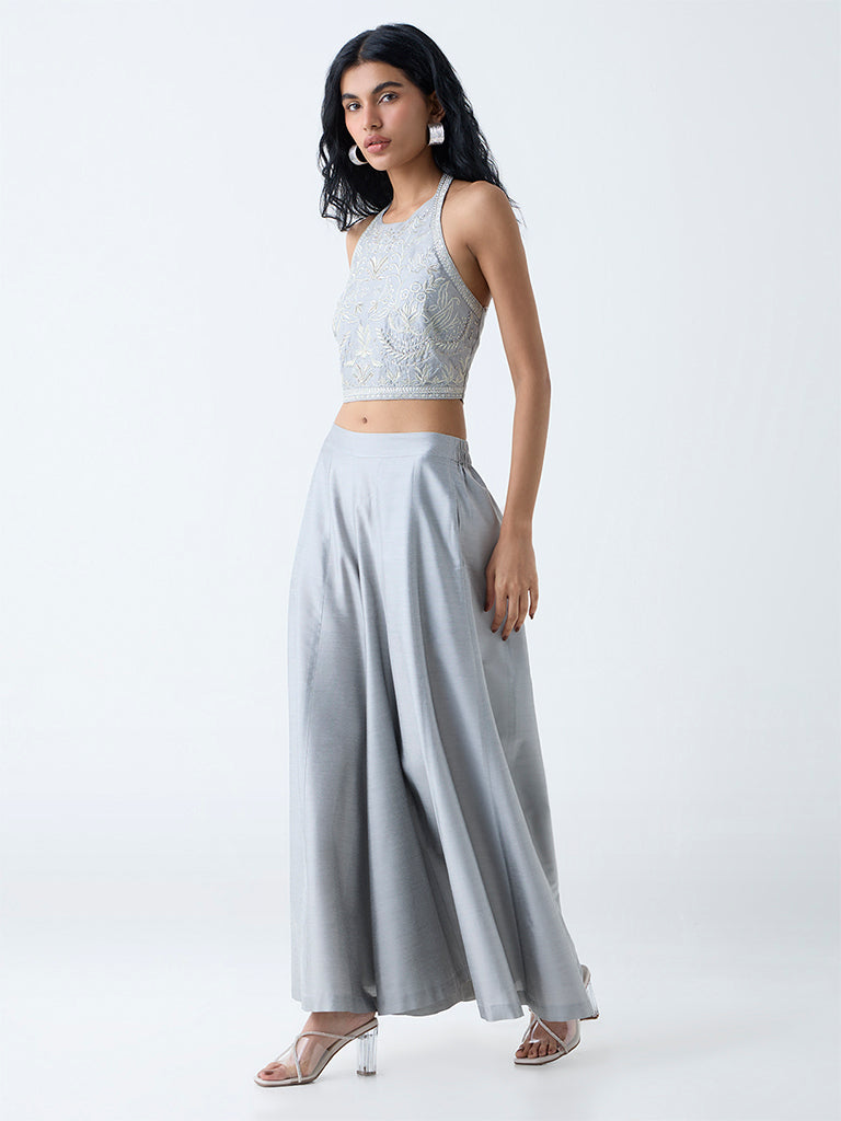 Vark Silver Floral Embroidered Halter Neck Top