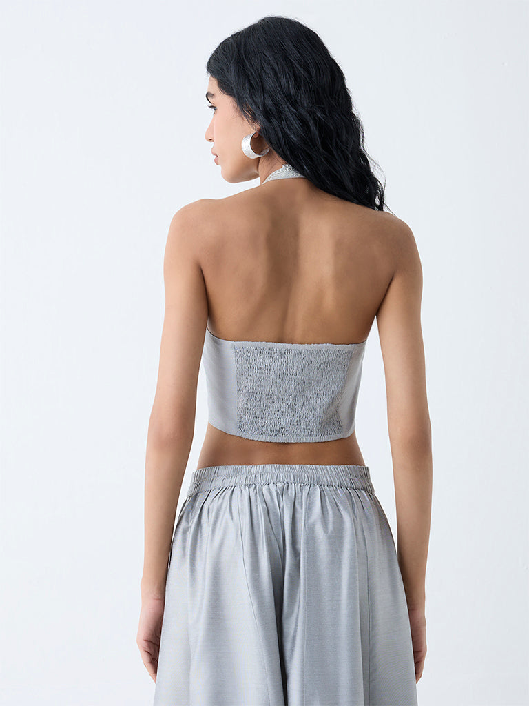 Vark Silver Floral Embroidered Halter Neck Top