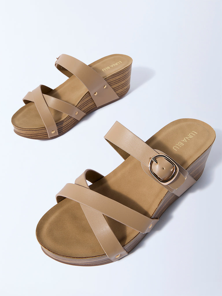 Westside LUNA BLU Women's Beige Multi-Strap Wedge Sandals for Casual Wear Top View