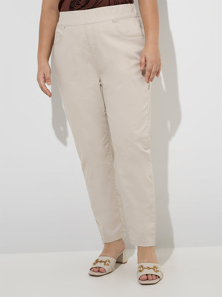 Westside Gia Women's Beige High-Rise Cotton-Blend Jeggings for Casual Wear Front View