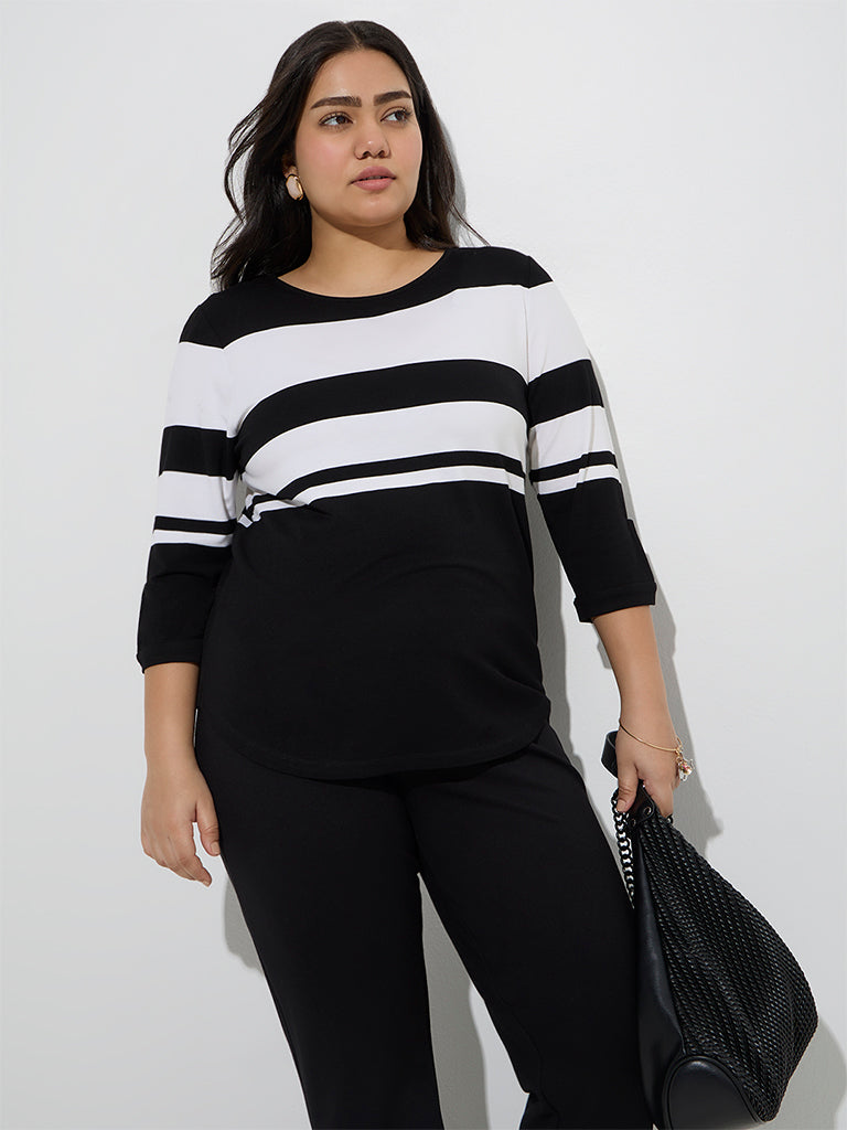 Westside Gia Women's Black Colour-Blocked Cotton T-Shirt for Casual Wear Front View