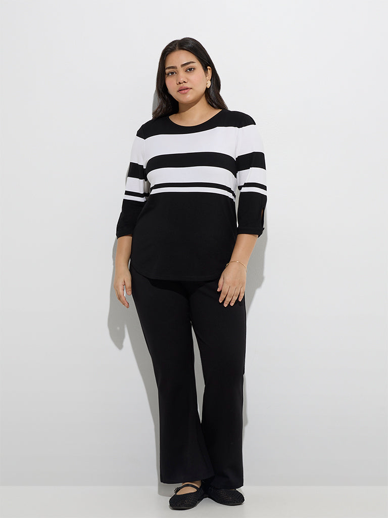 Westside Gia Women's Black Colour-Blocked Cotton T-Shirt for Casual Wear Full View