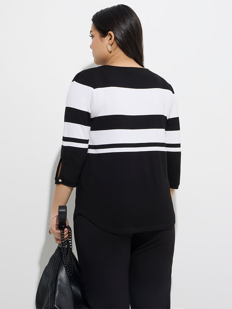 Westside Gia Women's Black Colour-Blocked Cotton T-Shirt for Casual Wear Back View