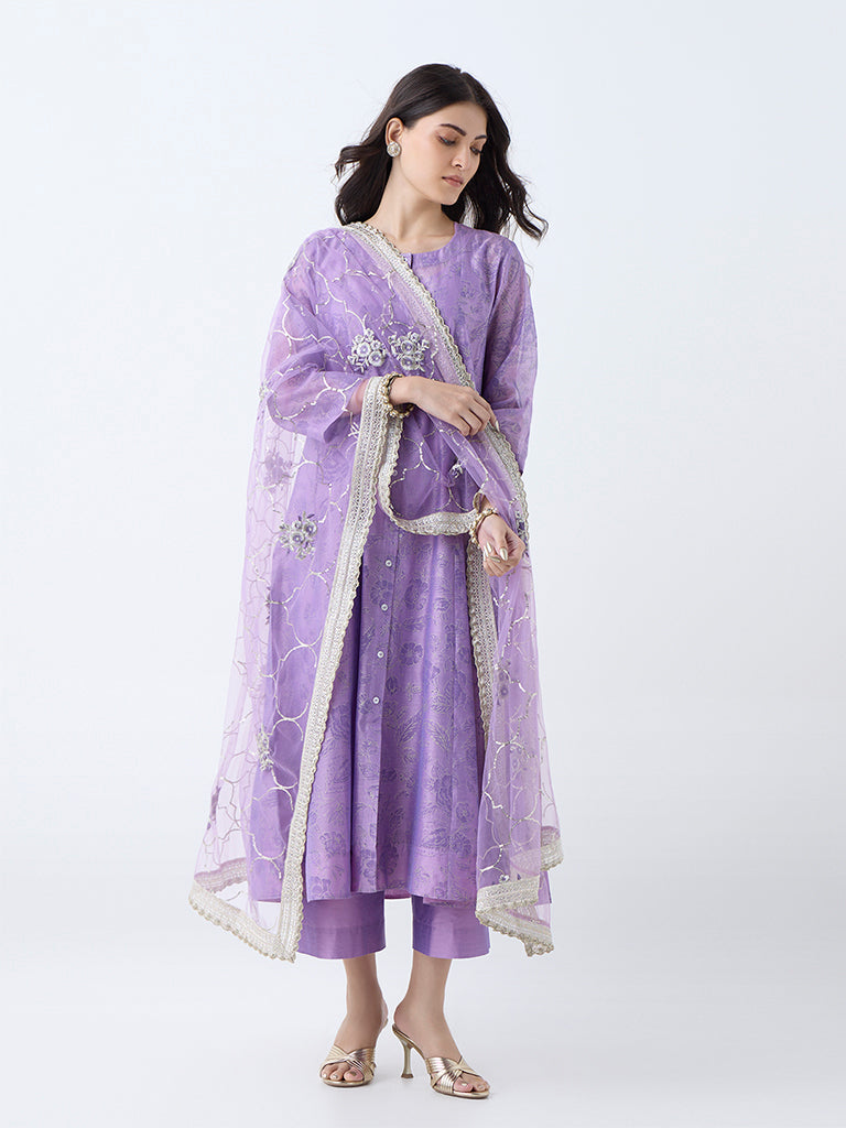 Vark Purple Floral Pattern Cotton Anarkali Ethnic Set