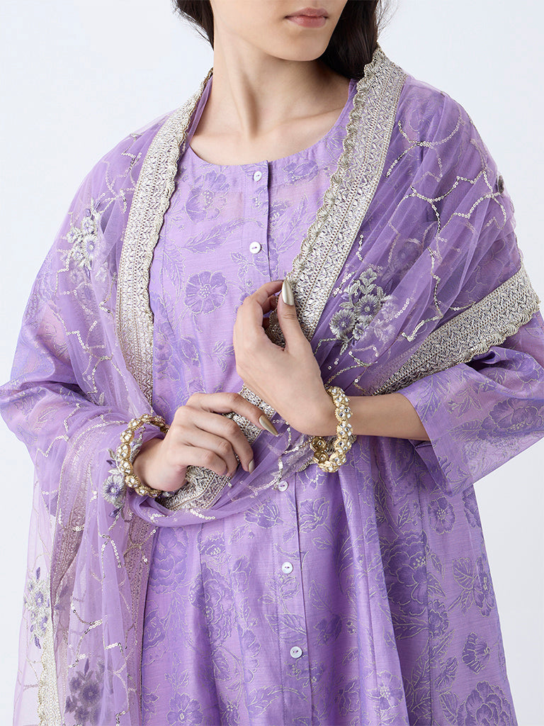 Vark Purple Floral Pattern Cotton Anarkali Ethnic Set