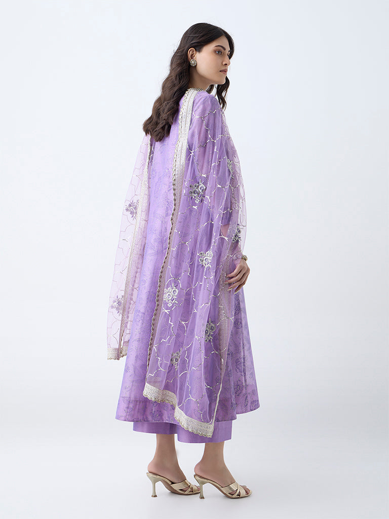 Vark Purple Floral Pattern Cotton Anarkali Ethnic Set