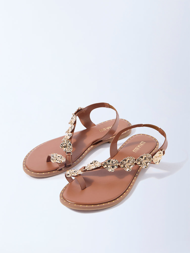 LUNA BLU Tan Molten Floral Detailed Sandals