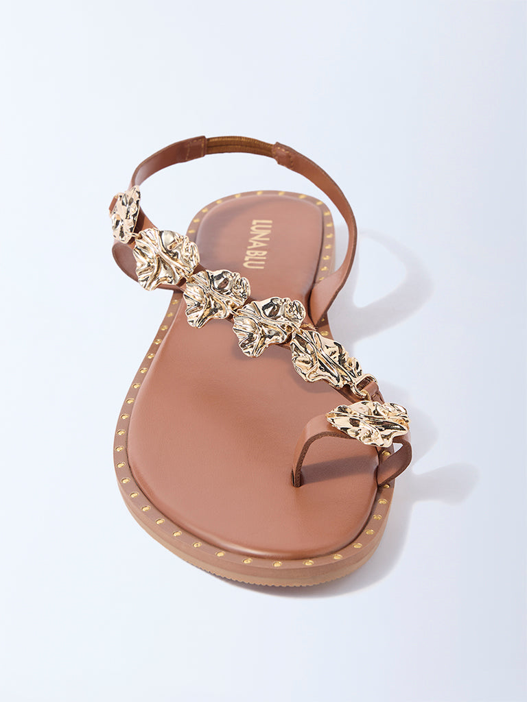 LUNA BLU Tan Molten Floral Detailed Sandals